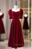 Burgundy Square Short Sleeve Tea Length Prom Dress