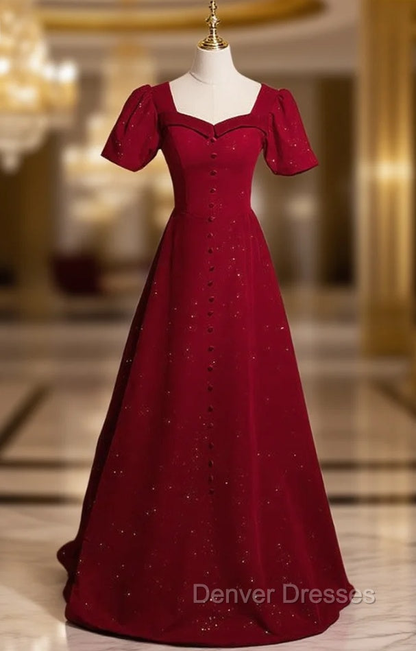 Burgundy Square Square Puff Sleeve Button Prom Dress