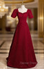 Burgundy Square Square Puff Sleeve Button Prom Dress