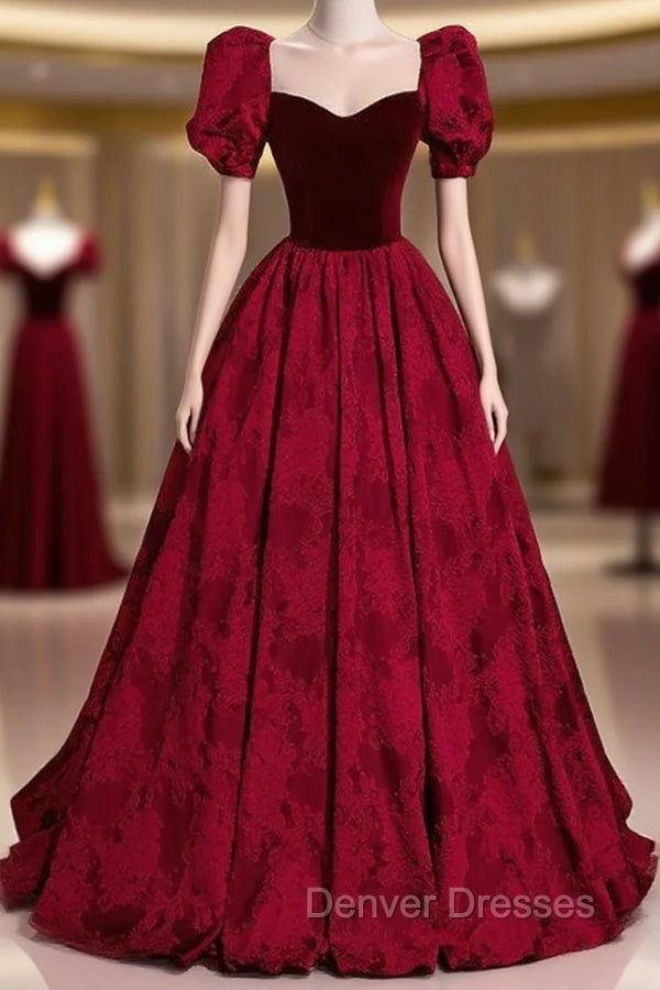 Burgundy Square Square Puff Sleeve Prom Dress