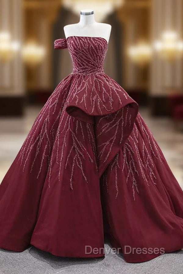 Burgundy Strapless Beading Prom Dress
