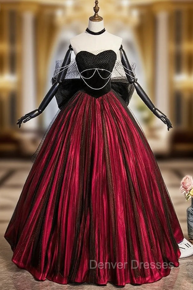 Burgundy Strapless Black Tulle Bow Prom Dress Main image