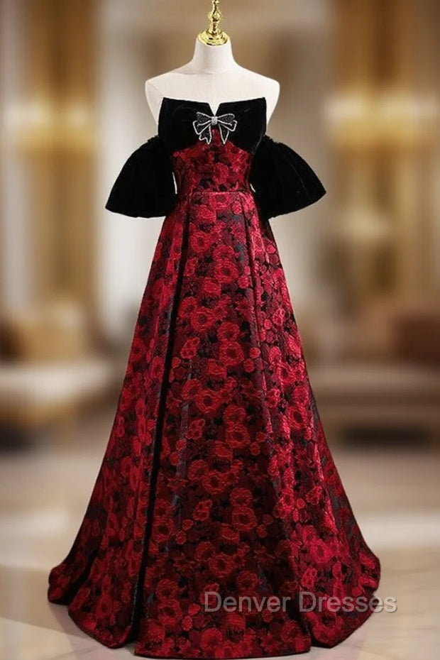 Burgundy Strapless Black Velvet Prom Dress Main image