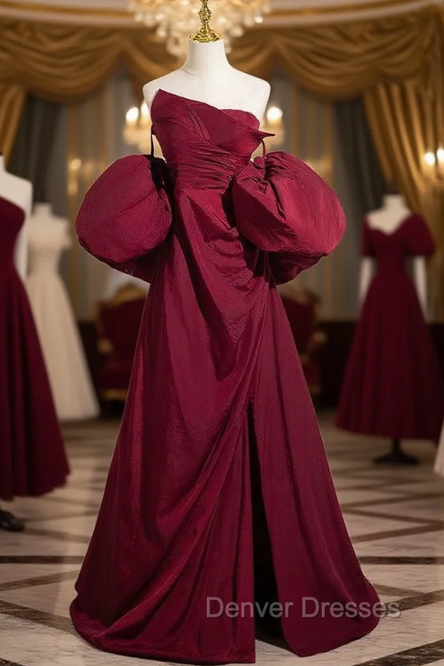 Burgundy Strapless Pleats Puff Sleeve Prom Dress Main image