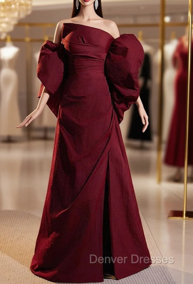 Burgundy Strapless Pleats Split Prom Dress