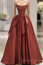 Burgundy Strapless Satin Long Prom Dress, Beautiful A-Line Evening Party Dress