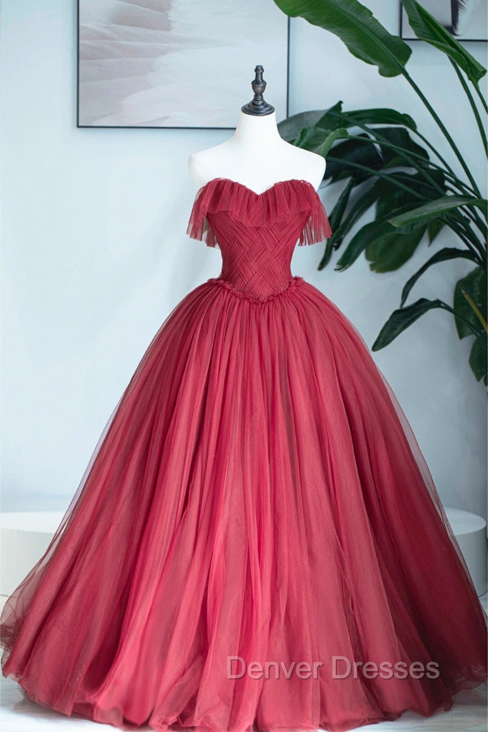 Burgundy Strapless Tulle Long Formal Dress, Sweetheart Neckline Evening Dress Main image