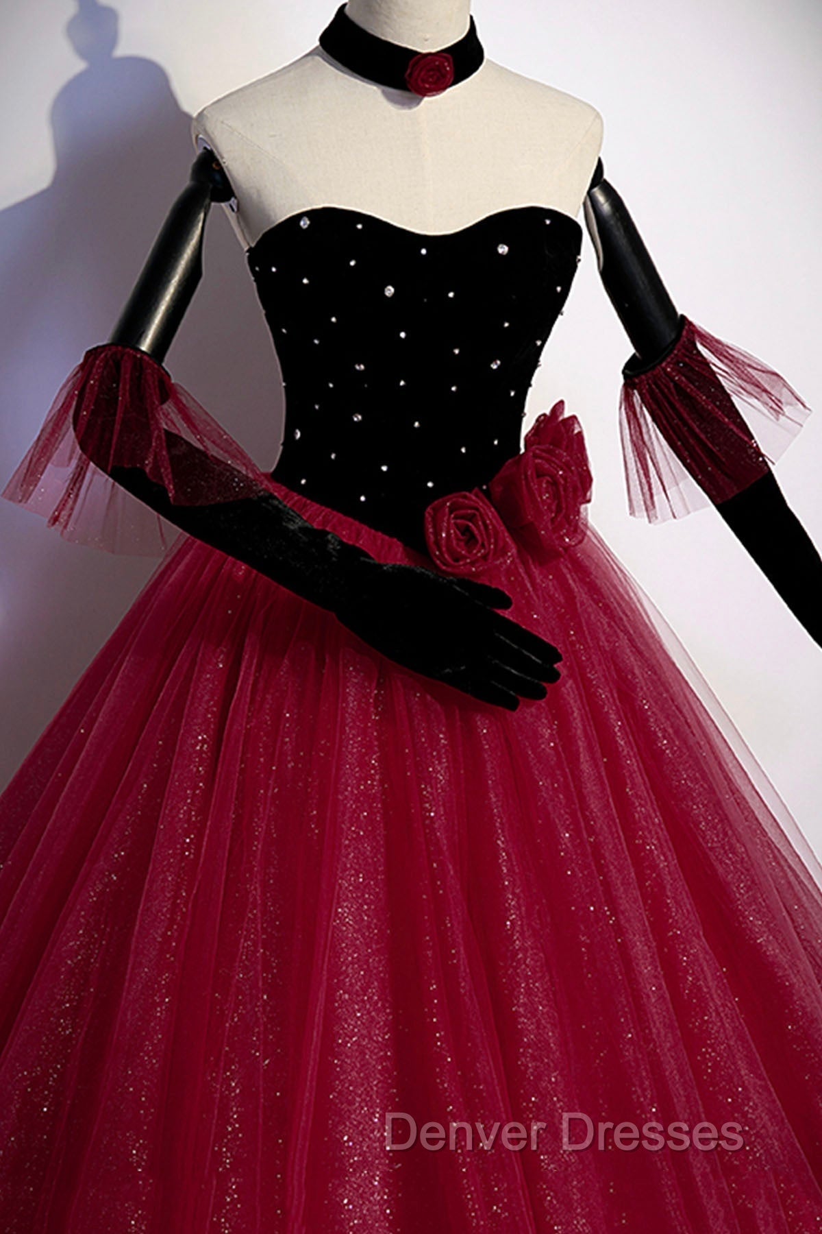 Burgundy Strapless Tulle Long Prom Dress, A-Line Evening Party Dress Secondary image