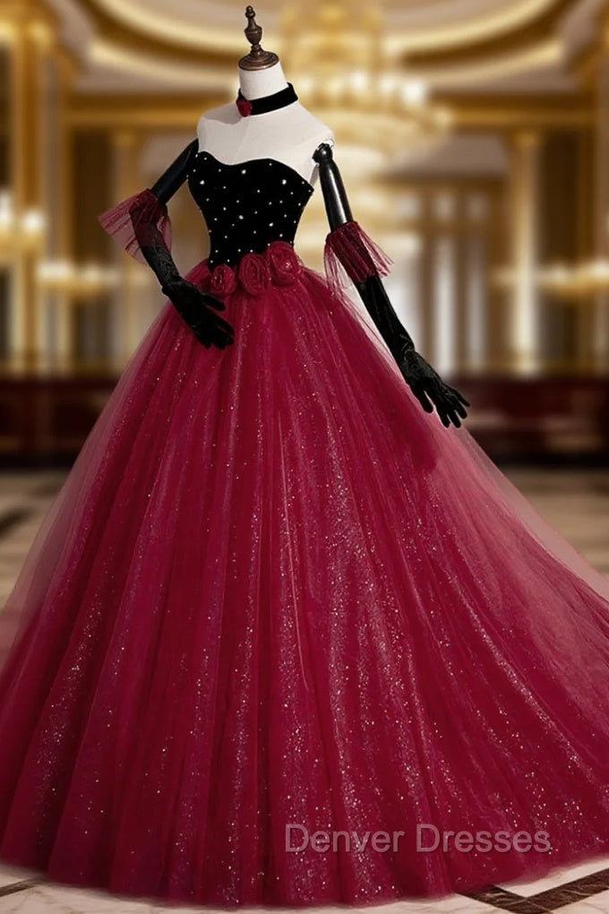 Burgundy Strapless Tulle Long Prom Dress, A-Line Evening Party Dress Main image