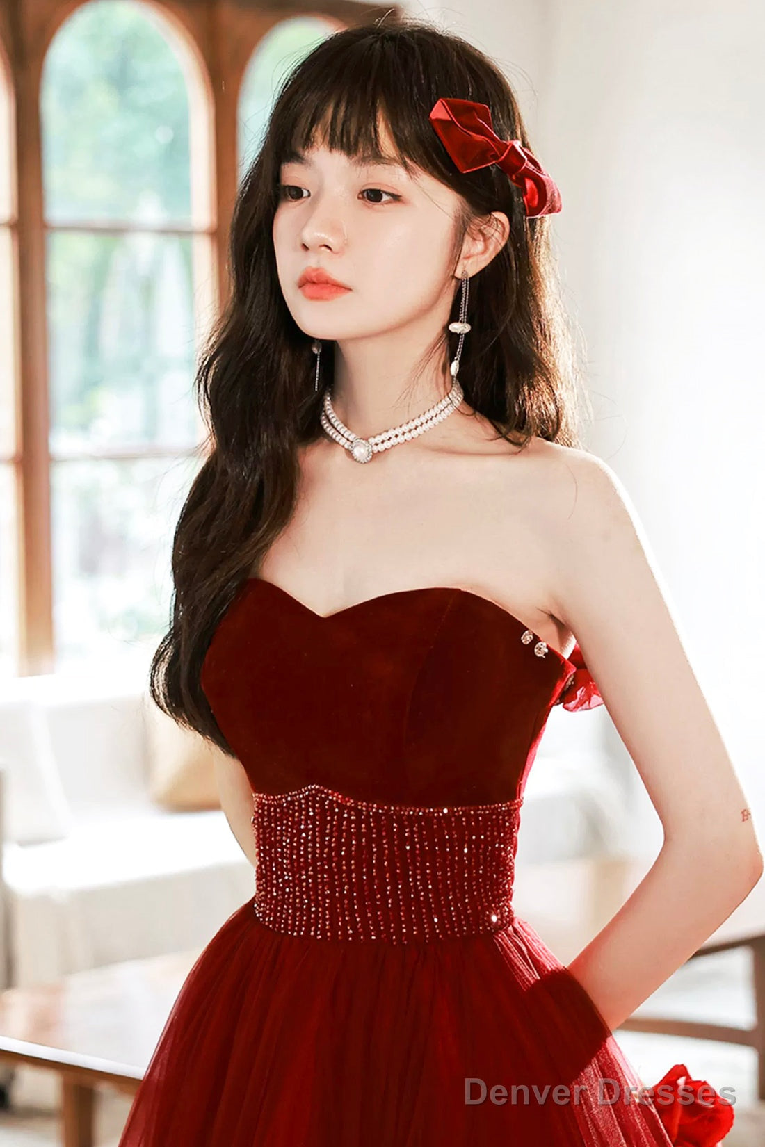 Burgundy Strapless Tulle Long Prom Dress With Beaded, Burgundy Tulle Formal Dress Secondary image