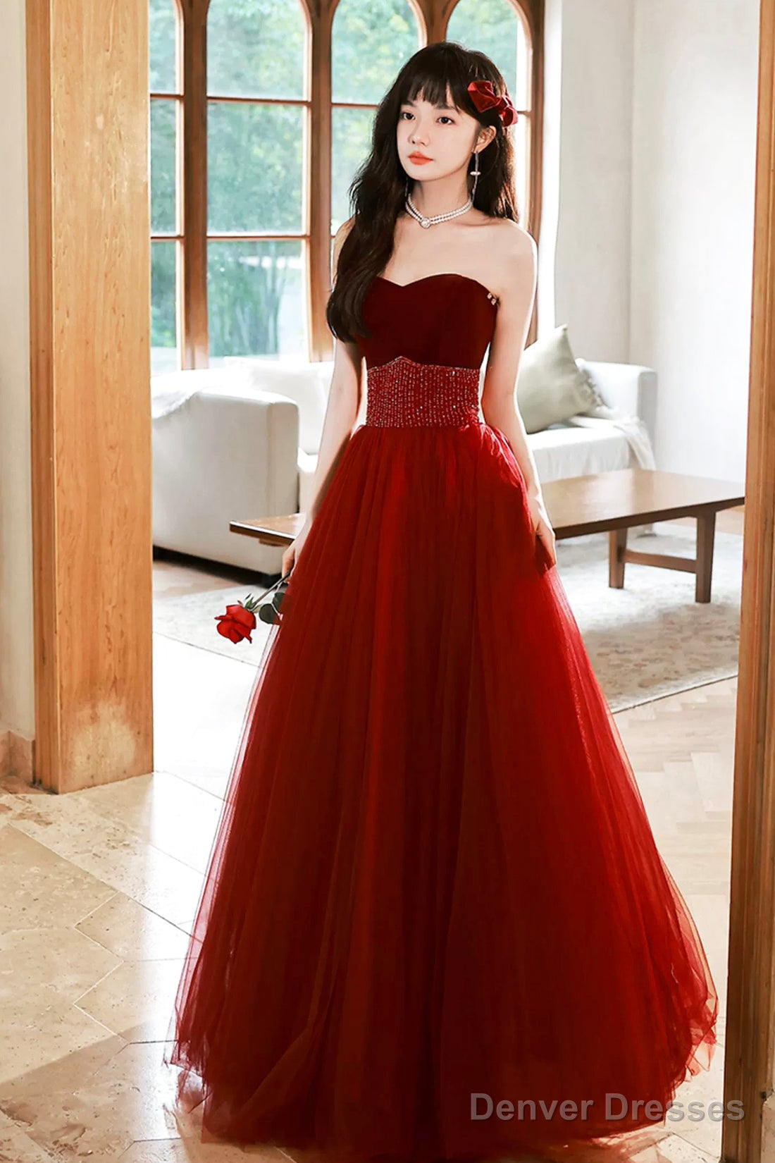 Burgundy Strapless Tulle Long Prom Dress With Beaded, Burgundy Tulle Formal Dress Main image