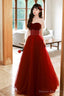 Burgundy Strapless Tulle Long Prom Dress With Beaded, Burgundy Tulle Formal Dress