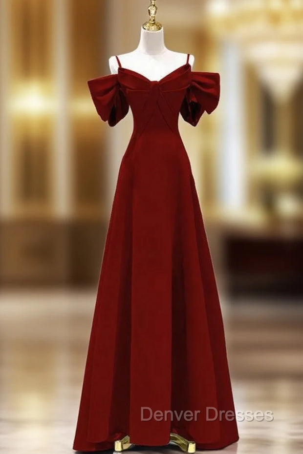 Burgundy Straps Bow Prom Dress Main image