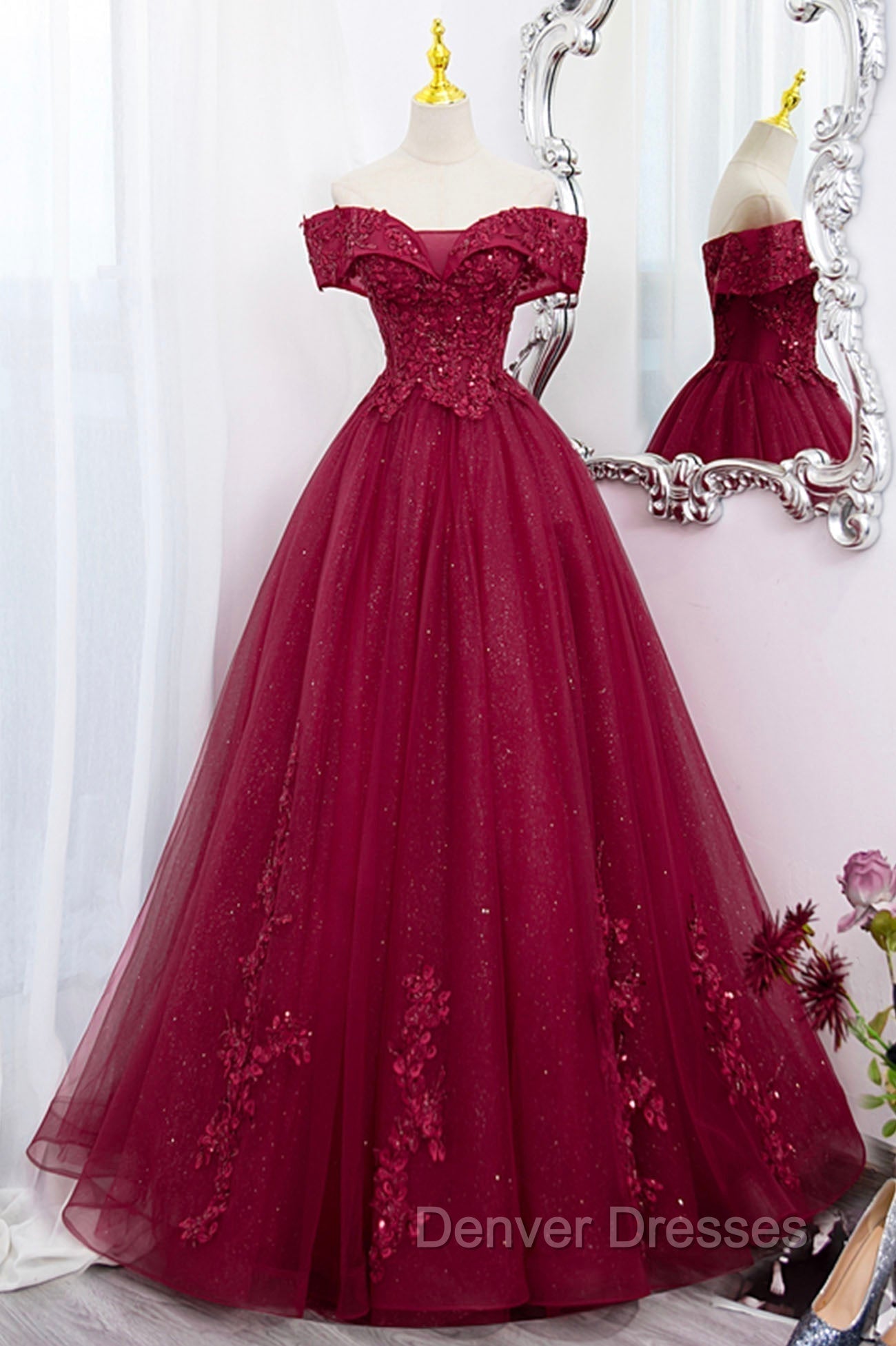 Burgundy Sweet 16 Formal Gown with Lace, Off the Shoulder Prom Dress Party Dress Main image