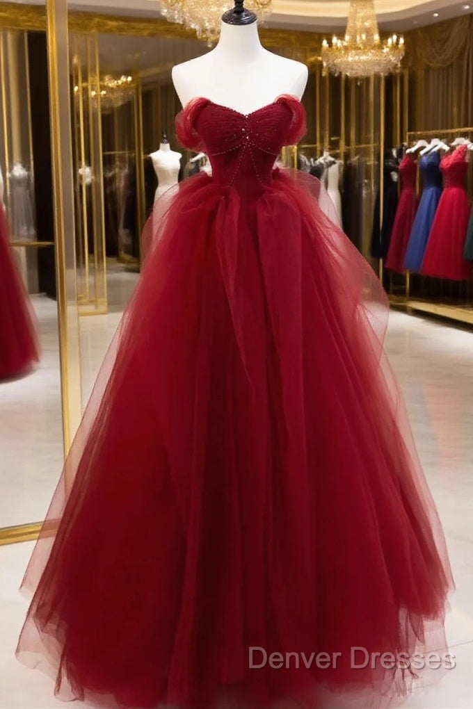 Burgundy Sweetheart Ball Gown Tulle With Beaded Prom Dress, Burgundy Party Dress Main image