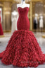 Burgundy Sweetheart Beading Tulle Prom Dress With Detachable Feather train