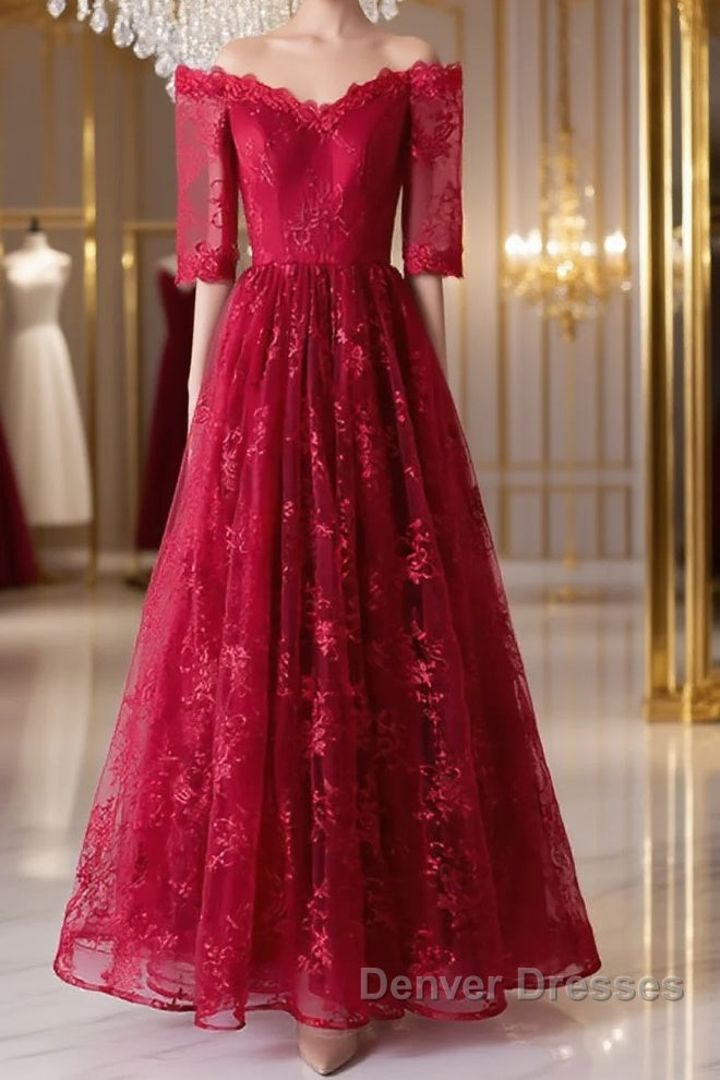 Burgundy sweetheart lace long prom Dress, burgundy evening Dress Main image