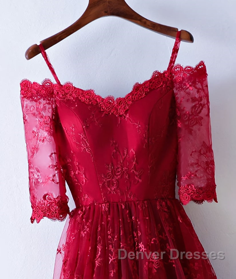 Burgundy sweetheart lace long prom Dress, burgundy evening Dress