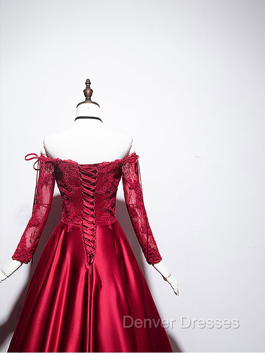 Burgundy Sweetheart Lace Satin Long Prom Dress Burgundy Evening Dress