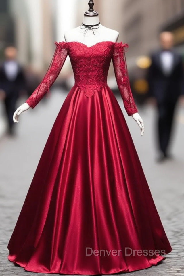 Burgundy Sweetheart Lace Satin Long Prom Dress Burgundy Evening Dress