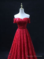 Burgundy Sweetheart Neck Tulle Lace Long Prom Dress, Lace Evening Dress
