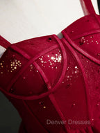 Burgundy Sweetheart Neck Tulle Sequin Short Prom Dress, Puffy Cute Homecoming  Dress