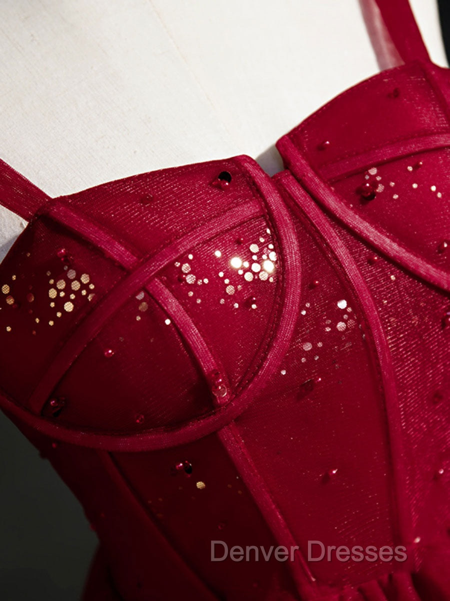 Burgundy Sweetheart Neck Tulle Sequin Short Prom Dress, Puffy Cute Homecoming  Dress