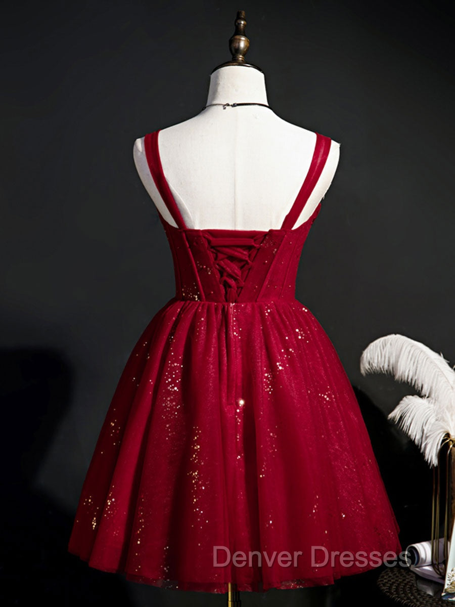 Burgundy Sweetheart Neck Tulle Sequin Short Prom Dress, Puffy Cute Homecoming  Dress