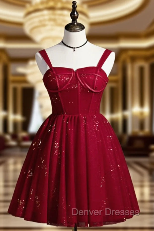 Burgundy Sweetheart Neck Tulle Sequin Short Prom Dress, Puffy Cute Homecoming  Dress
