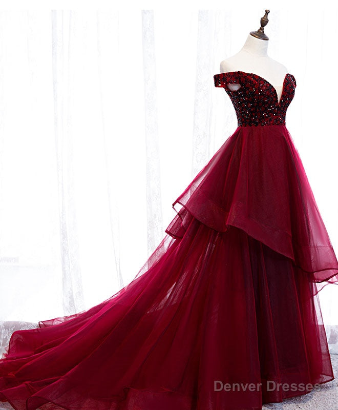 Burgundy Sweetheart Off Shoulder Tulle Long Prom Dress Tulle Formal Dress Main image