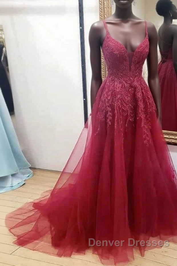 Burgundy sweetheart tulle lace long prom Dress formal Dress Main image