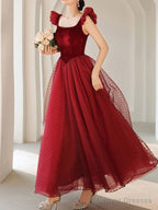 Burgundy Tea Length Prom Dresses, Burgundy Formal Bridesmaid Dresses
