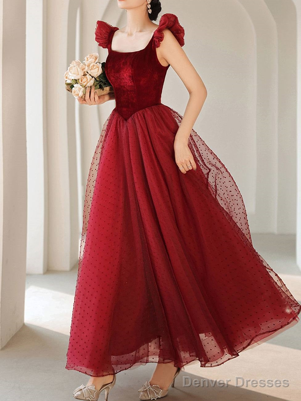 Burgundy Tea Length Prom Dresses, Burgundy Formal Bridesmaid Dresses