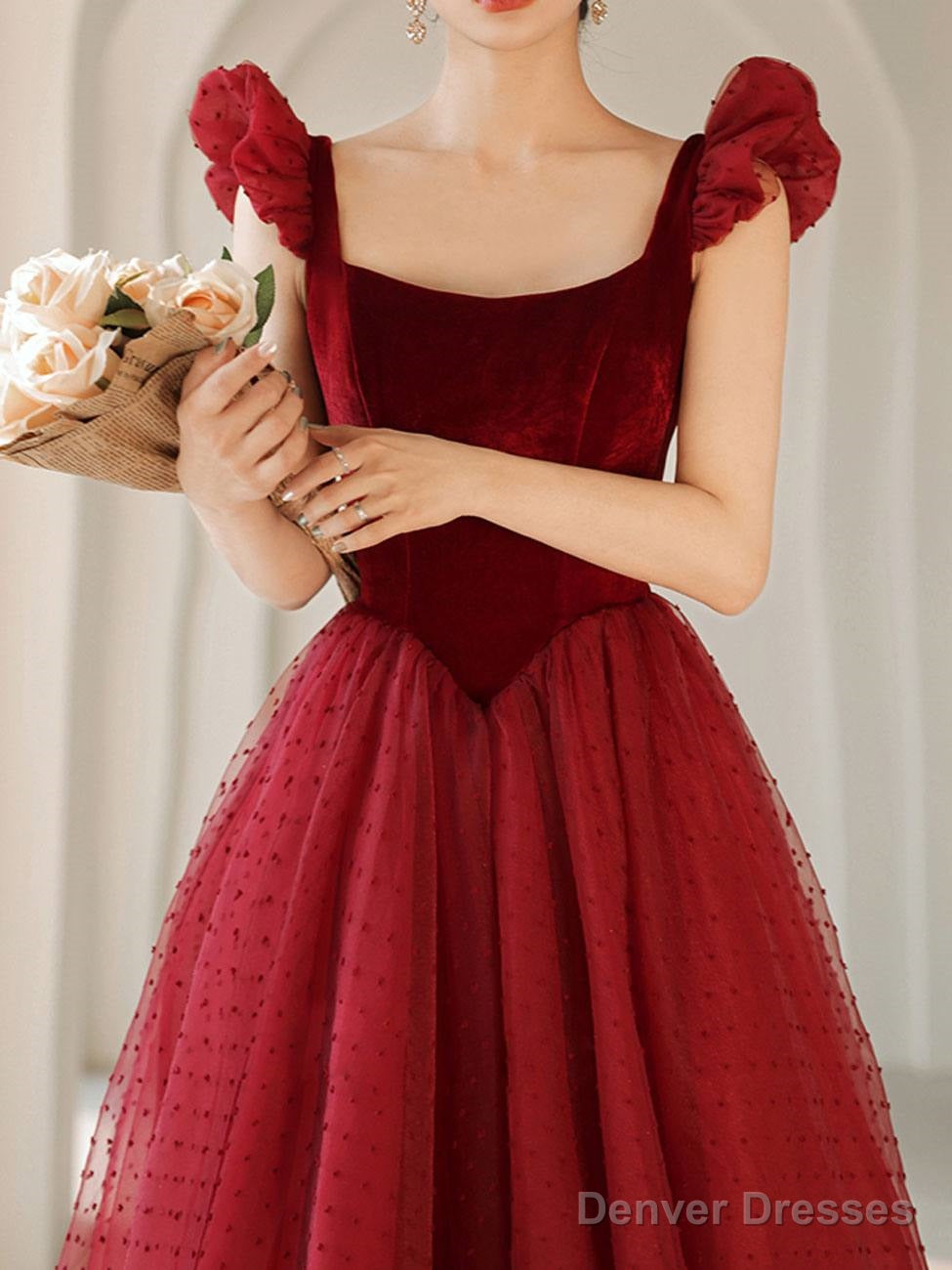 Burgundy Tea Length Prom Dresses, Burgundy Formal Bridesmaid Dresses
