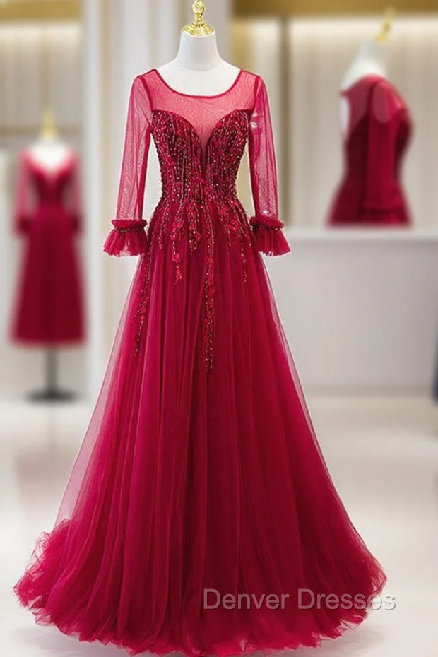 Burgundy Tulle Appliques Beading Backless Prom Dress