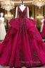 Burgundy Tulle Appliques Beading Pearls Prom Dress