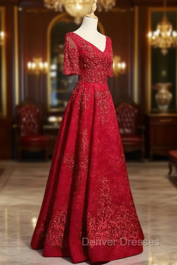 Burgundy Tulle Appliques Beading Prom Dress Main image