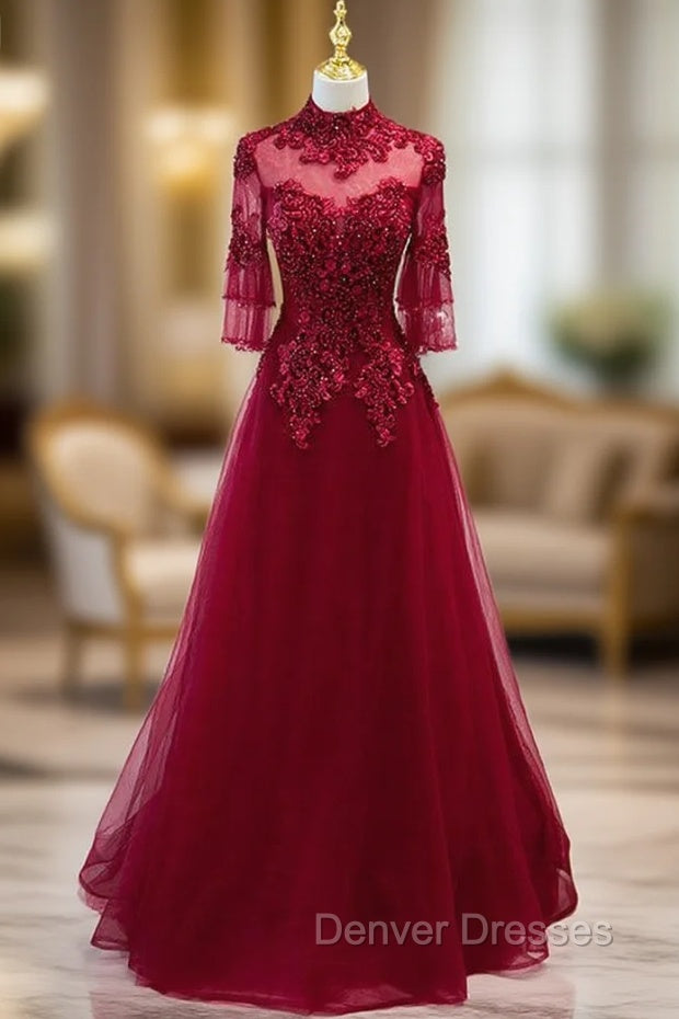Burgundy Tulle Appliques Beading Short Sleeve Prom Dress