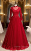 Burgundy Tulle Appliques High Neck Long Sleeve Prom Dress