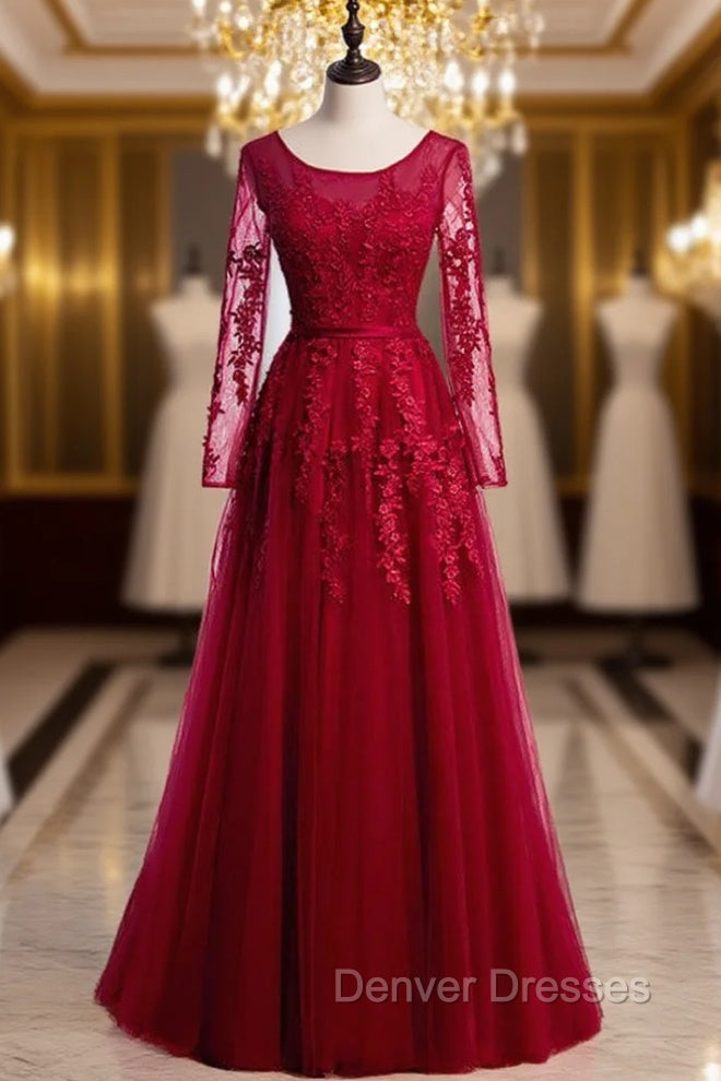 Burgundy Tulle Appliques Long Sleeve Prom Dress