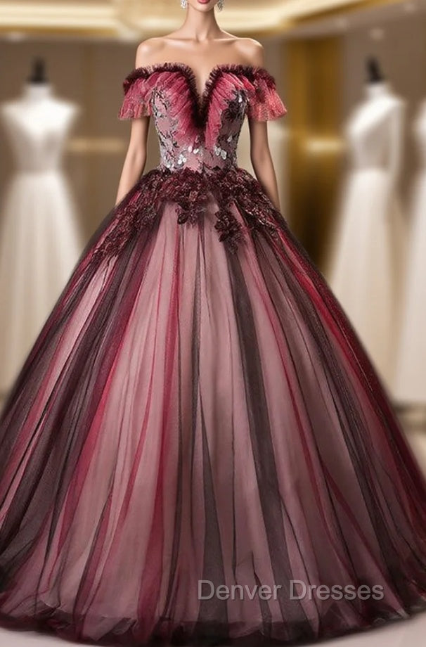 Burgundy Tulle Appliques Quinceanera Dress Main image