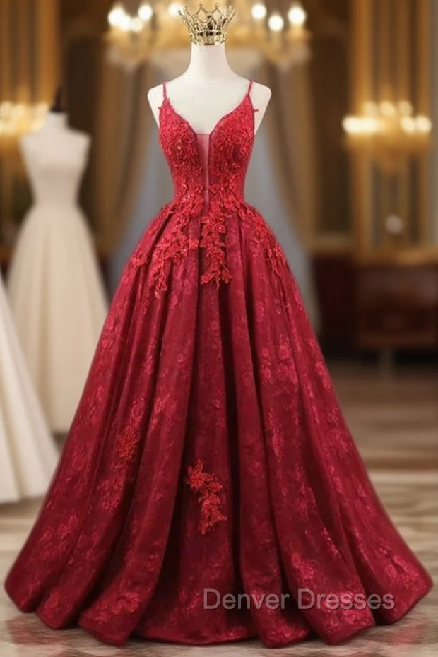 Burgundy Tulle Appliques Straps Beading Prom Dress Main image