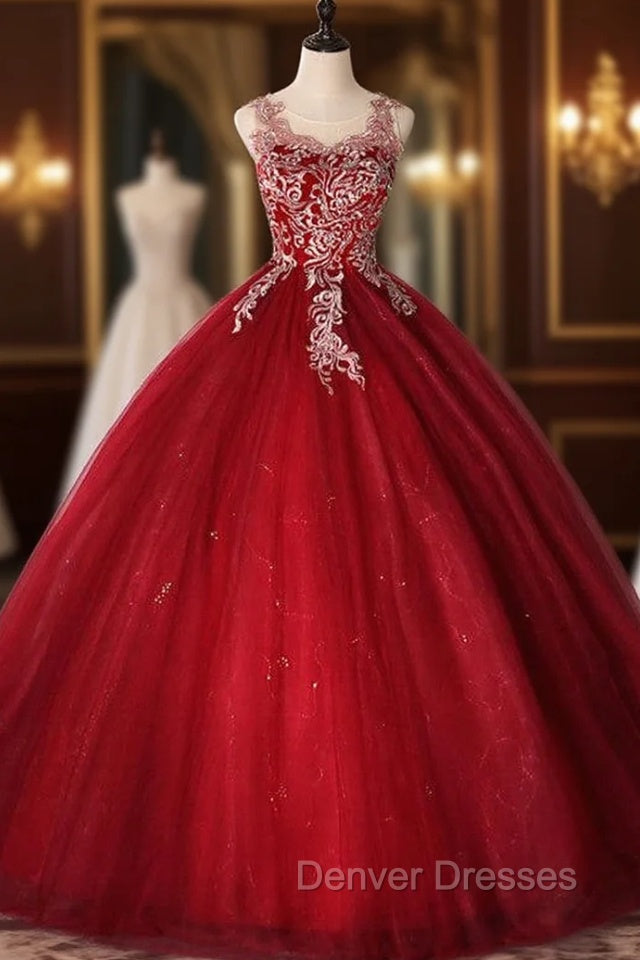 Burgundy Tulle Backless Appliques Quinceanera Dress