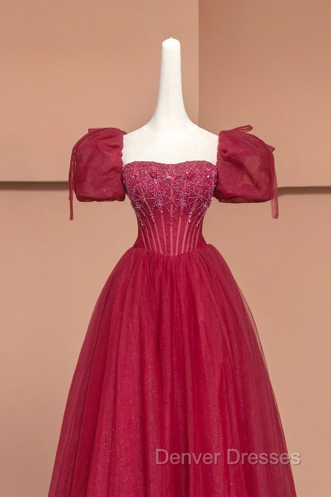 Burgundy Tulle Beaded Floor Length Prom Dress, A-Line Short Sleeve Evening Dress Secondary image