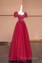 Burgundy Tulle Beaded Floor Length Prom Dress, A-Line Short Sleeve Evening Dress