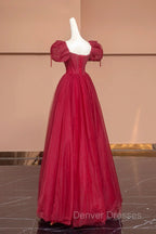 Burgundy Tulle Beaded Floor Length Prom Dress, A-Line Short Sleeve Evening Dress