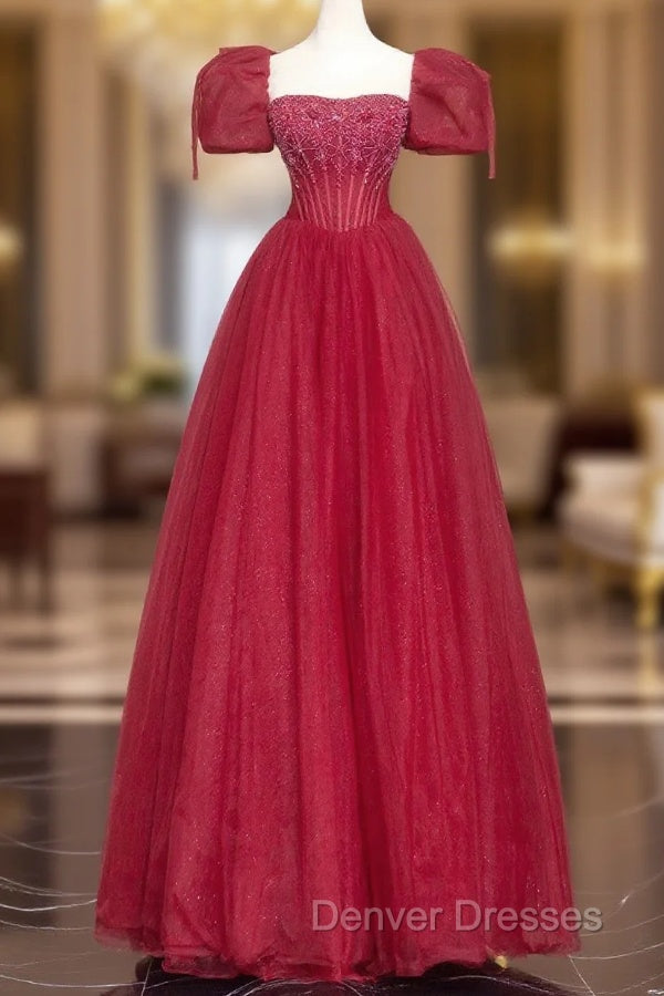 Burgundy Tulle Beaded Floor Length Prom Dress, A-Line Short Sleeve Evening Dress Main image