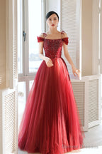Burgundy Tulle Beaded Long Formal Dress,  Spaghetti Straps A-Line Prom Dress