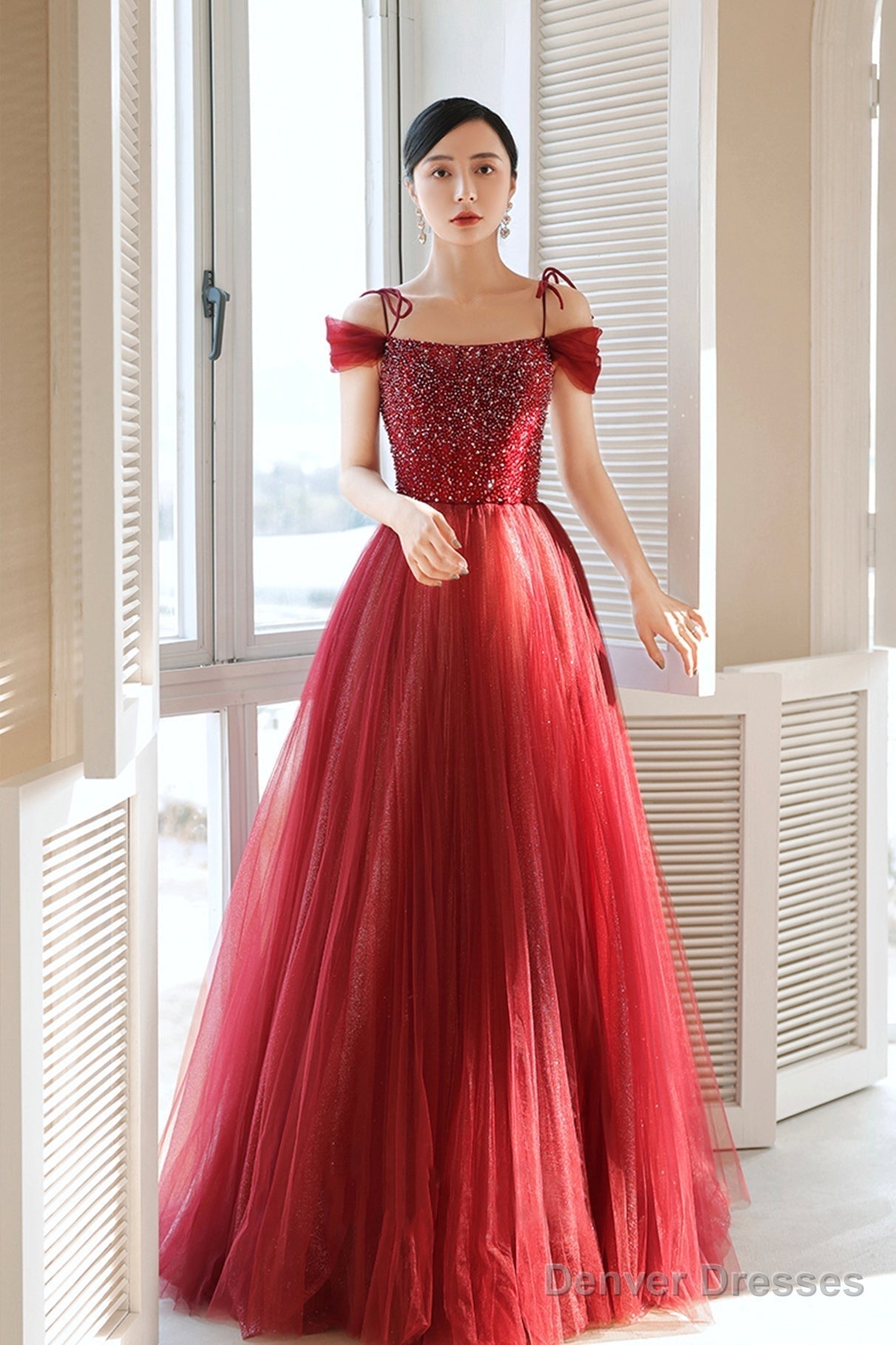 Burgundy Tulle Beaded Long Formal Dress,  Spaghetti Straps A-Line Prom Dress