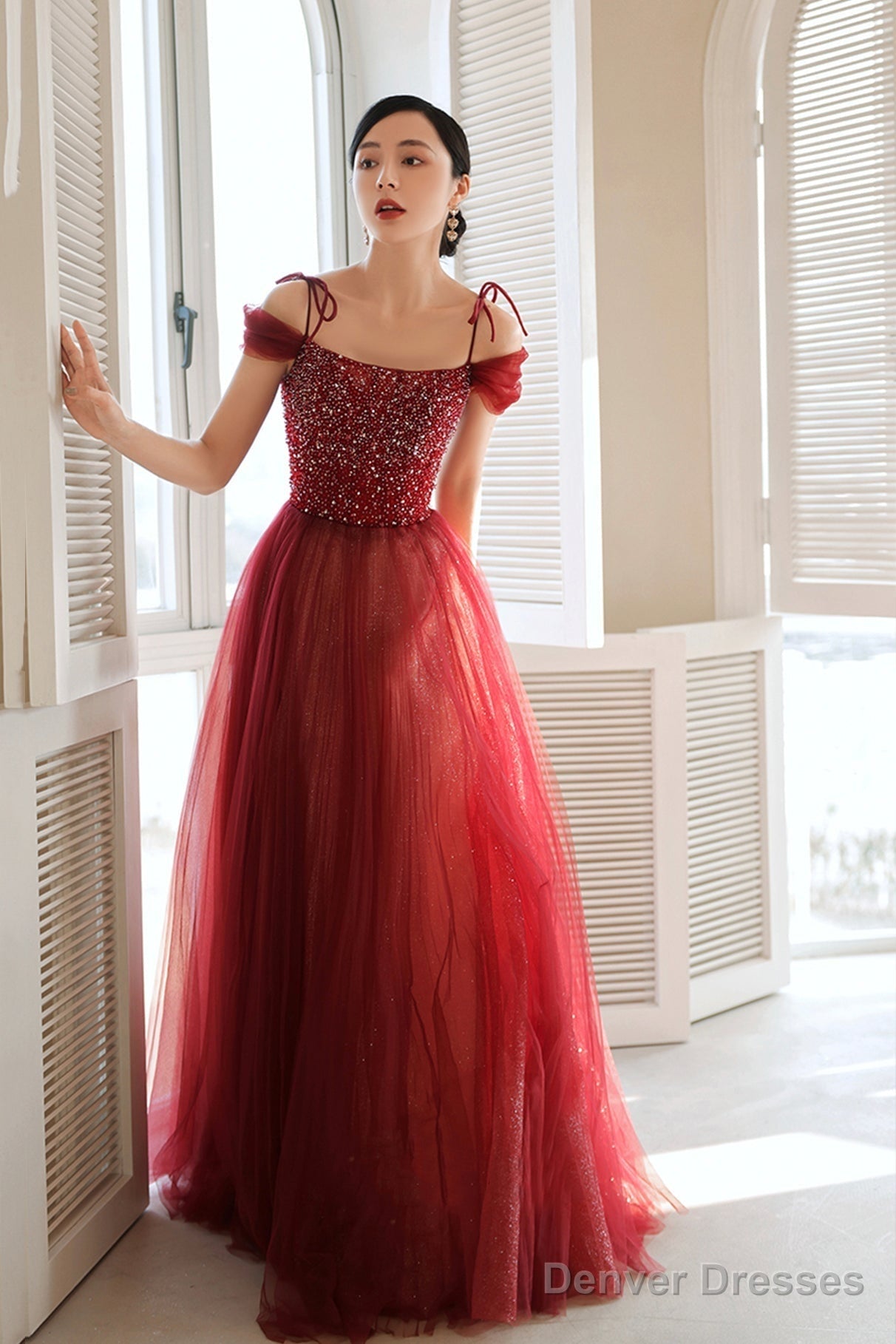 Burgundy Tulle Beaded Long Formal Dress,  Spaghetti Straps A-Line Prom Dress